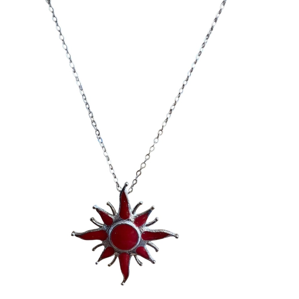 Celestial Red Enamel Sunburst Star Pendant Silver Tone Necklace